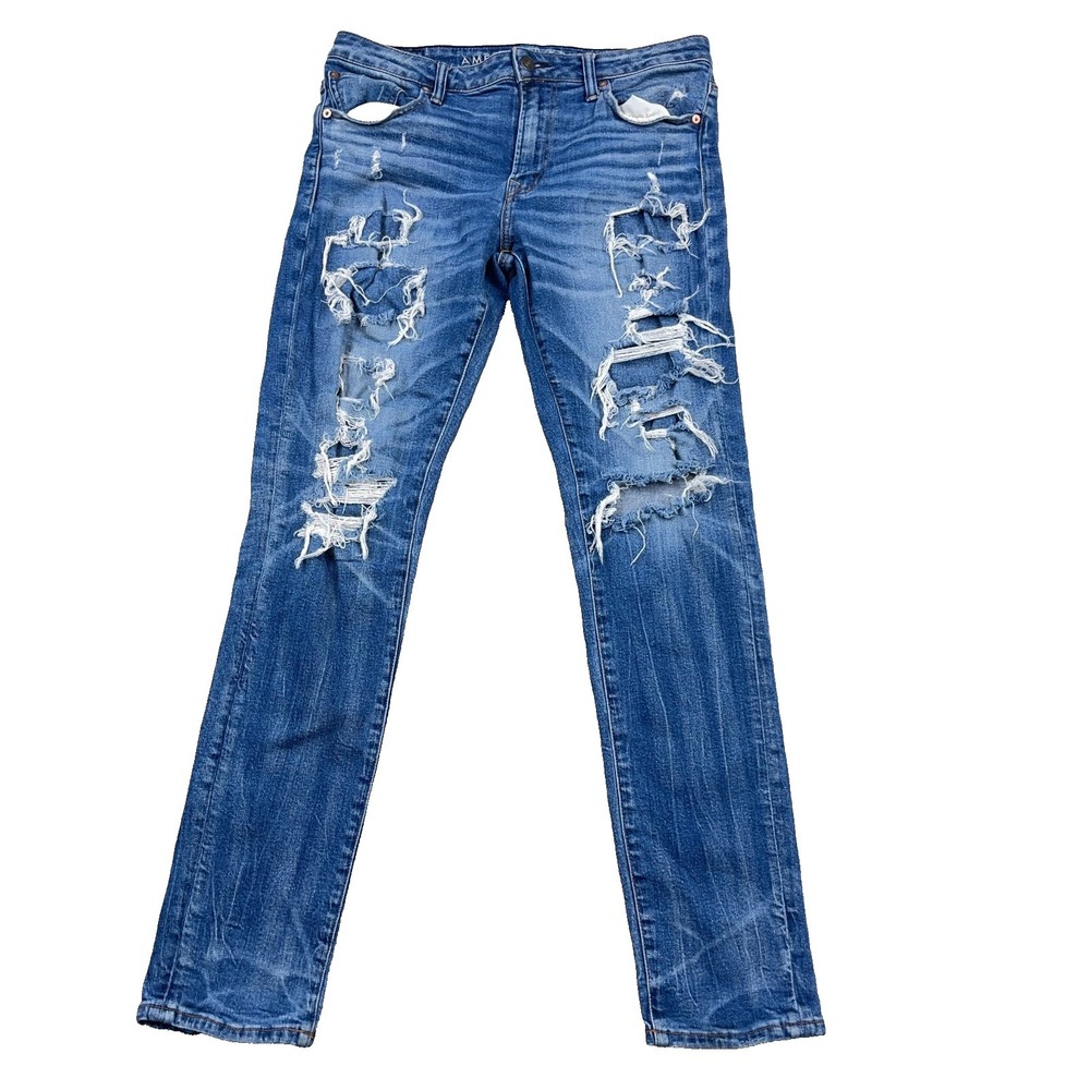 American Eagle Jeans Men 34x34 Athletic Skinny Fit Med Wash Holes Distressed